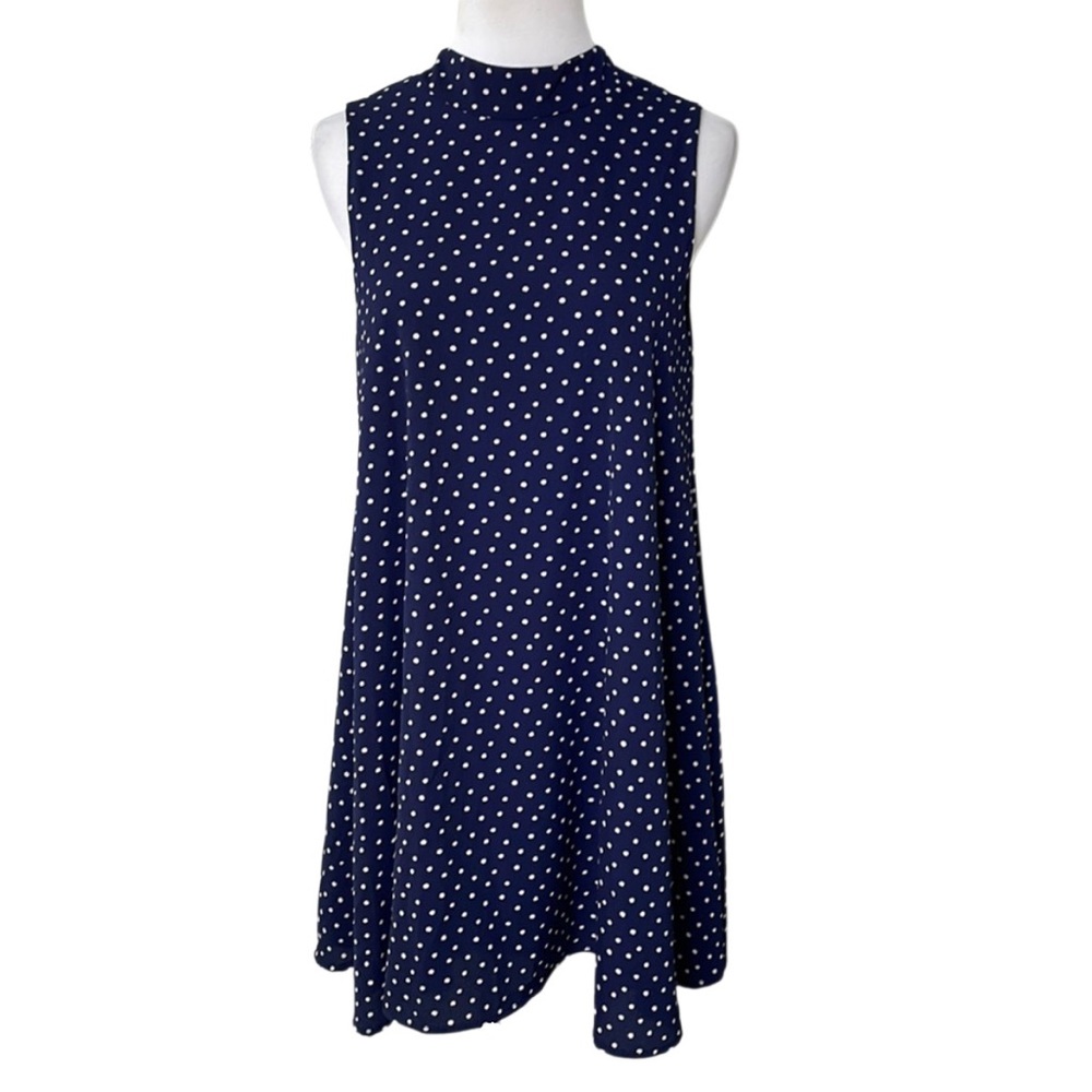 Emerson Kate Boutique Sleeveless Navy Blue Polkadot Mock Neck Shift Dress